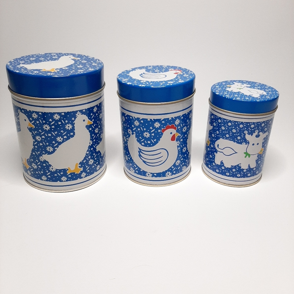 Country Calico Vintage Set of 3 Tin Canisters Blue and White Duck Chicken Cow